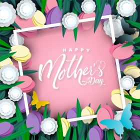 دانلود وکتور کارت تبریک روز مادر با گل های کاغذی برش خورده در اطراف قاب سفید با زمینه صورتی