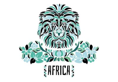 دانلود وکتور تصویر کشیده شده با دست از شیر آفریقایی با گل و برگ برای استفاده در پوستر تی شرت یا لیوان