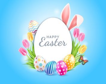 دانلود وکتور روز عید مبارک تخم مرغ های رنگارنگ و الگوهای بافت و گوش خرگوش با گل لاله و پروانه در پس زمینه آبی تصاویر وکتور