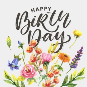 دانلود وکتور کارت پستال تبریک تولد زیبا با گل و پرنده