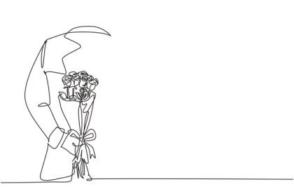 دانلود وکتور نقاشی تک خطی مرد جوان شاد پنهان دسته گل