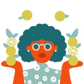 دانلود وکتور زن آفریقایی آمریکایی با میوه و گل برای چاپ و کارت