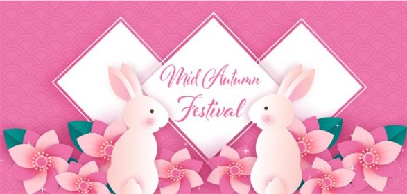 دانلود وکتور بنر جشنواره نیمه پاییز با خرگوش های ناز در گل و قاب الماس به سبک کاغذی