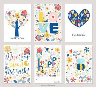 دانلود وکتور کارت های ولنتاین زیبا با گل های رنگارنگ نقاشی شده با دست قلب پرندگان درخت زنبور عسل و حروف