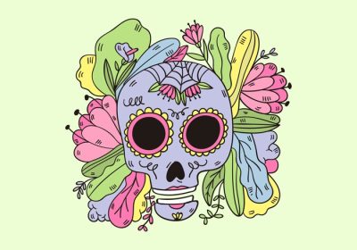 دانلود وکتور جمجمه بنفش بنفش با برگ و گل برای استفاده در تعطیلات مکزیکی