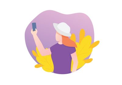 دانلود وکتور سلفی زن با گوشی هوشمند در دست و کلاه با گل