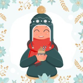 دانلود وکتور دختری با لباس گرم زمستانی فنجانی را با نوشیدنی گرم نگه می دارد