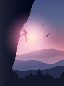 دانلود وکتور شبح یک صخره نورد در حال بالا رفتن از کوه در مقابل آسمان غروب خورشید