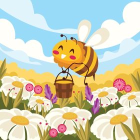 دانلود وکتور زنبور خندان در مزرعه گل جمع آوری عسل