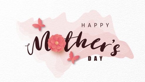 دانلود وکتور بنر یا پوستر خوشنویسی روز مادر مبارک با کاغذی گل و پروانه زیبا در پس زمینه شستشوی آبرنگ