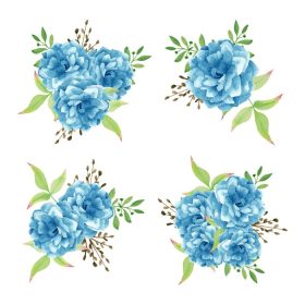 دانلود مجموعه وکتور رز آبی رنگ شده با دست با گل آرایی برگ جدا شده در زمینه سفید