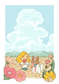 دانلود وکتور دختر و سگ شاد تابستانی با قیفی بستنی در مزرعه گل با پس زمینه آسمان ابر و کوه