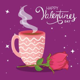 دانلود وکتور کارت تبریک روز ولنتاین با فنجان قهوه و گل رز