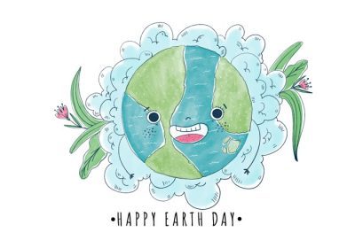 دانلود وکتور زیبای کارتونی شاد جهان لبخند با ابرهای اطراف به روز زمین