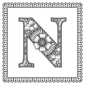 دانلود وکتور حرف n ساخته شده از گل در کتاب رنگ آمیزی به سبک mehndi