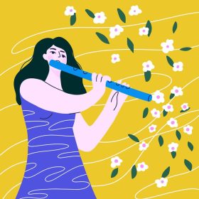 دانلود وکتور دختر کارتونی ناز در حال نواختن بر روی فلوت موسیقی یک گل است