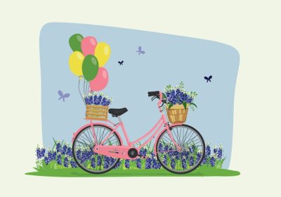 دانلود وکتور تصویری از دوچرخه احاطه شده با کلاه های آبی در فصل بهار