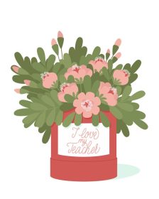 دانلود وکتور کارت پستال برای معلم عزیز با یک دسته گل در جعبه کلاه