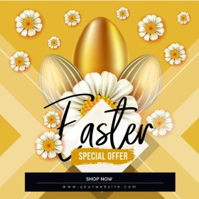 دانلود وکتور پوستر فروش روز عید مبارک با گل های سفید تخم مرغ طلایی و طرح زاویه دار