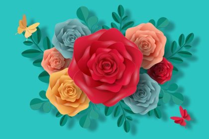 دانلود وکتور گل های رنگارنگ و پروانه ها به سبک برش کاغذی گل رز رنگارنگ کاردستی کاغذی گلدار