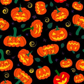 دانلود وکتور الگوی کدو تنبل بدون درز با برگ های افتاده پاییزی روی پس زمینه مشکی طرح الگوی هالووین پاییزی برای چاپ کاغذ منسوجات هالووین و شکرگزاری