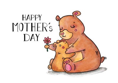 دانلود وکتور تصویر آبرنگ زیبا از خرس مادر و پسر برای استفاده در تعطیلات روز مادر