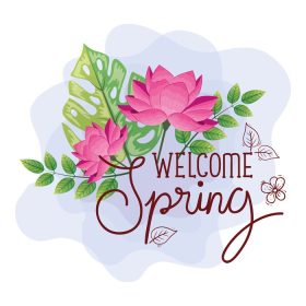 دانلود وکتور خوش آمدگویی بهار حروف فصل بهار با گل صورتی و برگ طرح وکتور دکوراسیون طبیعت