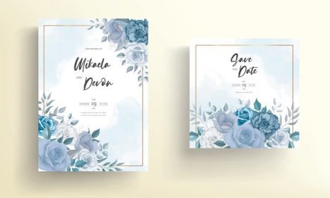 دانلود وکتور کارت دعوت عروسی مدرن با گل های آبی