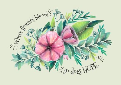 دانلود وکتور آبرنگ تصویر زیبای گل و برگ با پس زمینه سبز با نقل قول در مورد گل