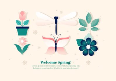 دانلود وکتور وکتور گل و حشرات مختلف بهار مجموعه ای مانند پروانه و زنبور عسل طراحی شده برای برچسب پوستر کارت تبریک وب سند و سایر سطوح تزئینی