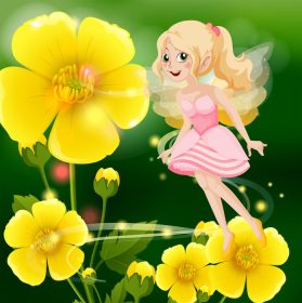 دانلود وکتور پری زیبا با لباس صورتی پرواز در باغ گل