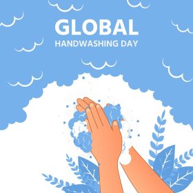 دانلود وکتور روز جهانی دست شویی پر از حباب های صابون و گل در اطراف