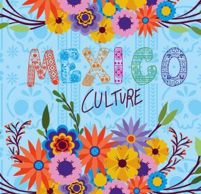 دانلود وکتور حروف فرهنگ مکزیک با گل و برگ در پس زمینه جمجمه