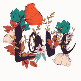 دانلود وکتور گل تایپوگرافی متن طرح پوستر و گل ترکیبی از عناصر گیاهی با دست ترسیم شده با کلمه عشق
