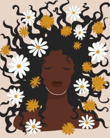 دانلود وکتور زن سیاه‌پوست زیبا با گل‌های بابونه در موهای گشادش boho هنر دیواری اواسط قرن بیستم