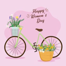 دانلود وکتور کارت حروف تبریک روز زن با گل در دوچرخه