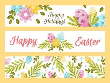 دانلود وکتور مجموعه بنرهای افقی عید پاک با تخم مرغ های رنگارنگ و گل های بهاری تزئین شده و سرسبزی و وکتور مسطح