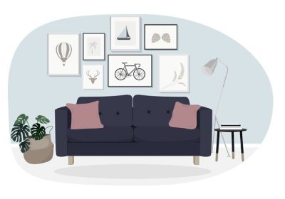 دانلود وکتور وکتور تصویر طراحی داخلی اتاق نشیمن با قاب تصاویر کاناپه طراحی شده برای برچسب پوستر کارت تبریک وب سند و سایر سطوح دکوراسیون