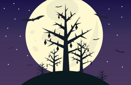 دانلود وکتور وکتور نمای درختی آسمان در شب با درخت ماه کامل