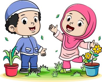دانلود وکتور بازی بچه های مسلمان شاد و گل در پس زمینه گلدان