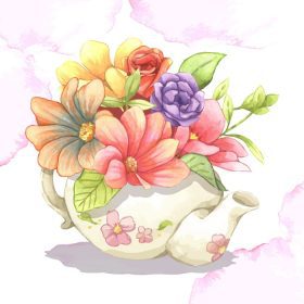 دانلود وکتور گل در قوری صورتی قرمز بنفش گلهای هنری طراحی عناصر شی ایزوله استوک تصویر برداری برای وب همچنین برای چاپ