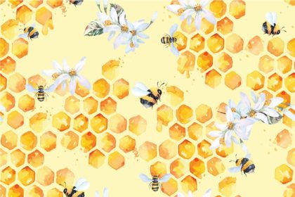 دانلود وکتور الگوی بدون درز زنبور عسل و لانه زنبوری و گل با پس زمینه آبرنگ عسلی طراحی شده برای پارچه های لوکس و کاغذ دیواری به سبک وینتیج