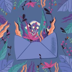 دانلود وکتور پاکت نامه با نامه عاشقانه نقاشی دستی رنگارنگ با حروف دستی برای کارت تبریک روز ولنتاین با گل و عناصر تزئینی