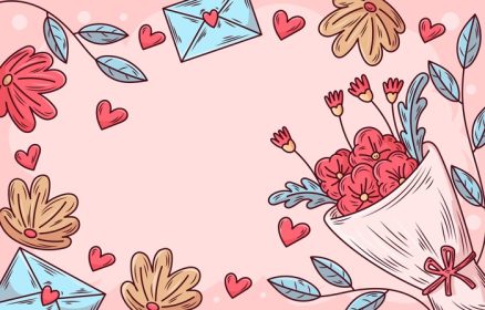 دانلود وکتور پس زمینه گل های ولنتاین با دسته گل به سبک طراحی شده با دست گل نامه عشق قلب و چند گل