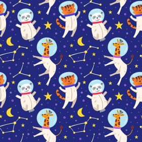 دانلود وکتور حیوانات فضانورد الگوی بدون پس‌زمینه پس‌زمینه خرس پاندا زرافه و ببر روی لباس‌های فضایی با ستارگان ماه و صور فلکی برای طراحی بسته‌بندی