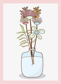 دانلود وکتور دسته گل در گلدان شیشه ای مزون نقاشی قدیمی بر روی رنگ های پاستلی تصویر برداری وکتور طرح گرافیکی