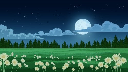 دانلود وکتور منظره علفزار در شب با ابرهای ماه کامل درختان و