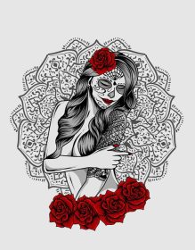 دانلود تصویر برداری وکتور تاتو جمجمه قندی زن با گل رز