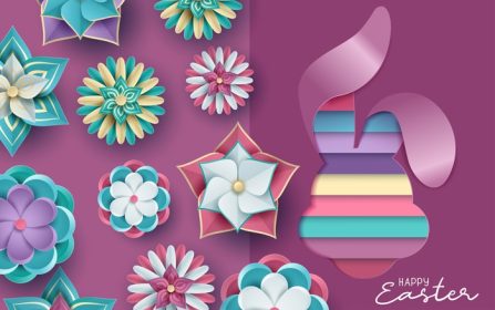 دانلود وکتور کارت عید پاک با قاب برش کاغذی به شکل خرگوش با گل های بهاری رنگارنگ در پس زمینه بنفش