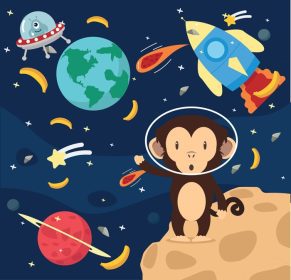 دانلود وکتور میمون فضانورد در پس زمینه طرح مسطح فضا